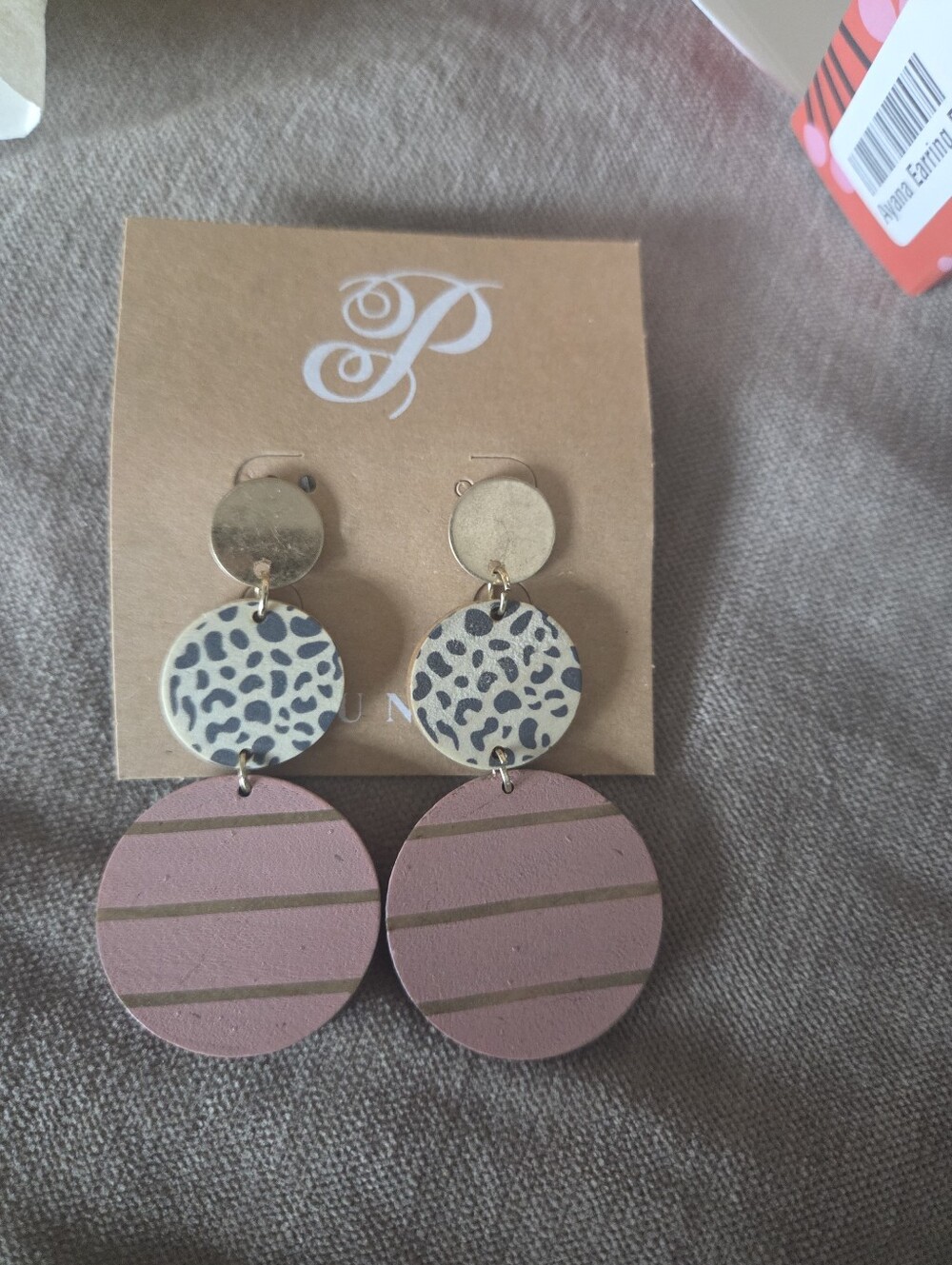 NIB Plundee Pink Striped & Leopard Drop Earrings